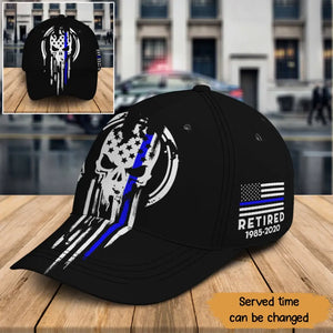 Personalized US Skull Blueline Retired Police Black Cap Printed QTKH24279