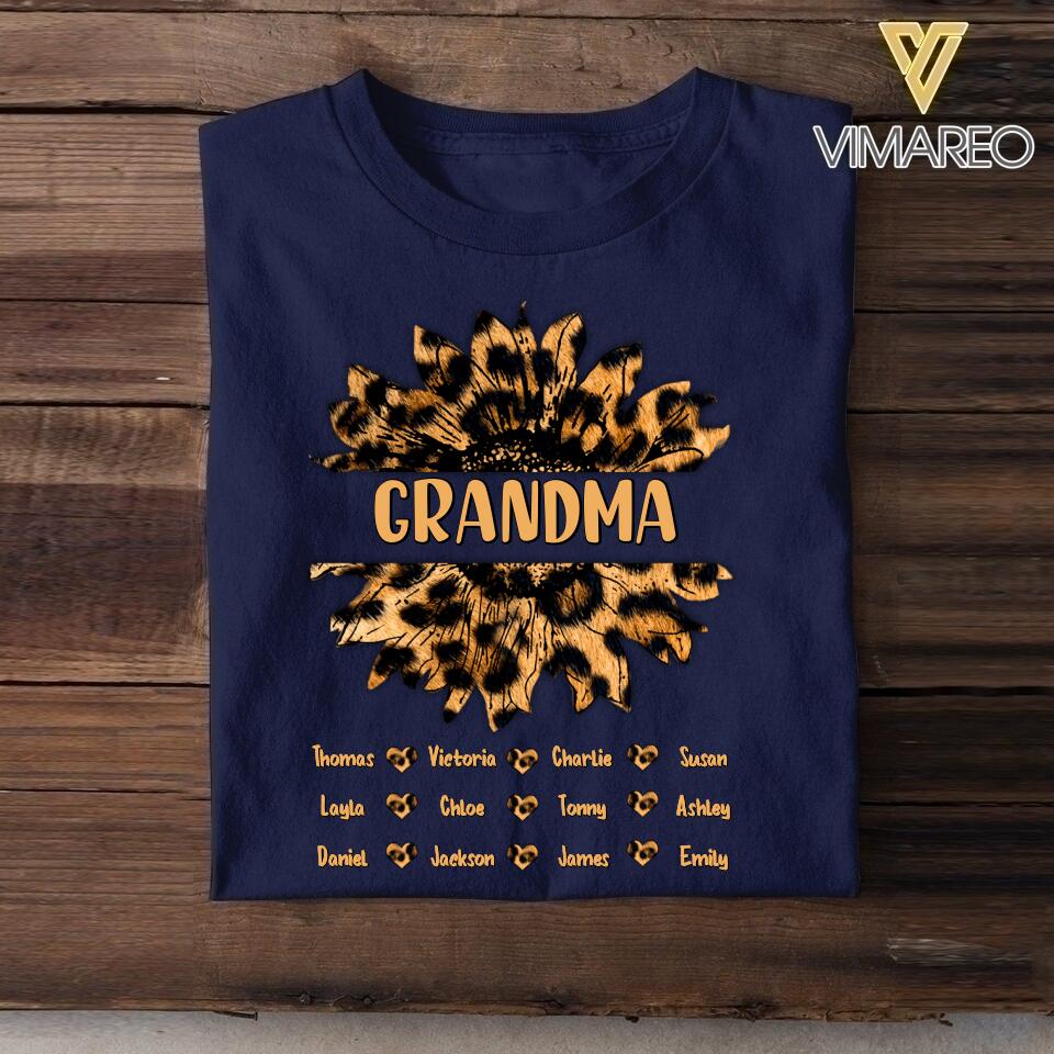Personalized Grandma Auntie Kid Name Sunflower Leopard Tshirt Printed QTHC1407