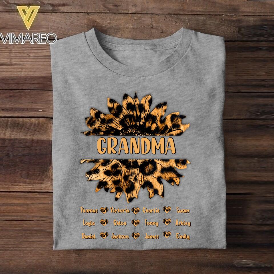 Personalized Grandma Auntie Kid Name Sunflower Leopard Tshirt Printed QTHC1407