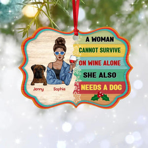 Personalized A Woman Can Not Survive On Wine She Also Needs Dogs Christmas Wood Ornament Printed QTVQ0411