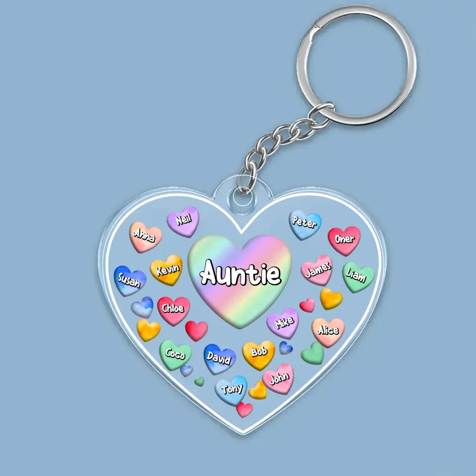 Personalized Auntie Hearts with Kid Name Acrylic Keychain Gift Printed 23MAY-TB18