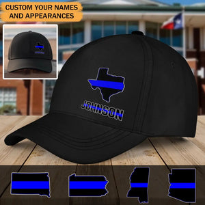 Personalized Thin Blue Line US State Flag Custom Name Black Cap QTPD2023200