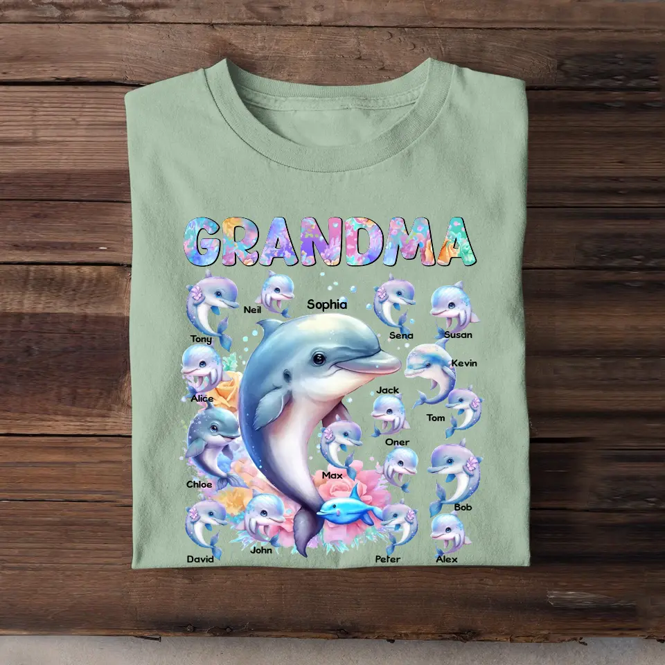 Personalized Grandma Dolphin with Kid Names Printed T-shirt MTPN0507