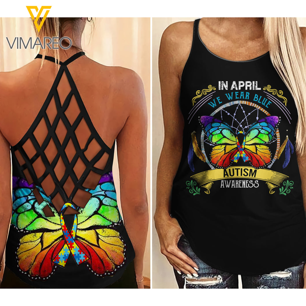 PHN AUTISM IN APRIL Criss-Cross Open Back Camisole Tank Top MAR-DT12 FS
