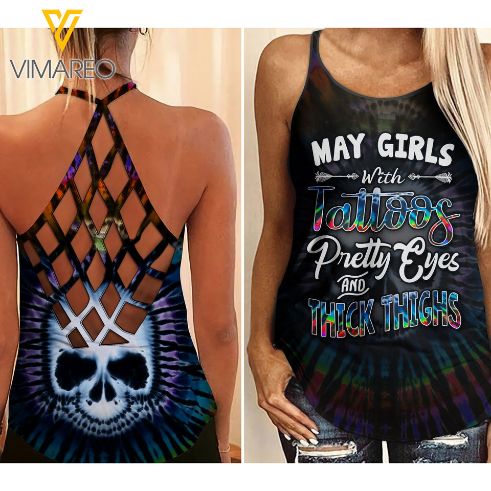 May Girl with Tattoos Criss-Cross Open Back Camisole Tank Top MAR-HQ14 Thighs