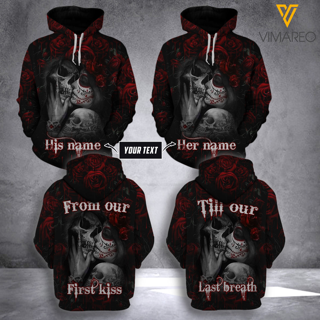 PERSONALIZED ROMANTIC SKULL WITH ROSES Couple Matching Hoodie 3D Printed