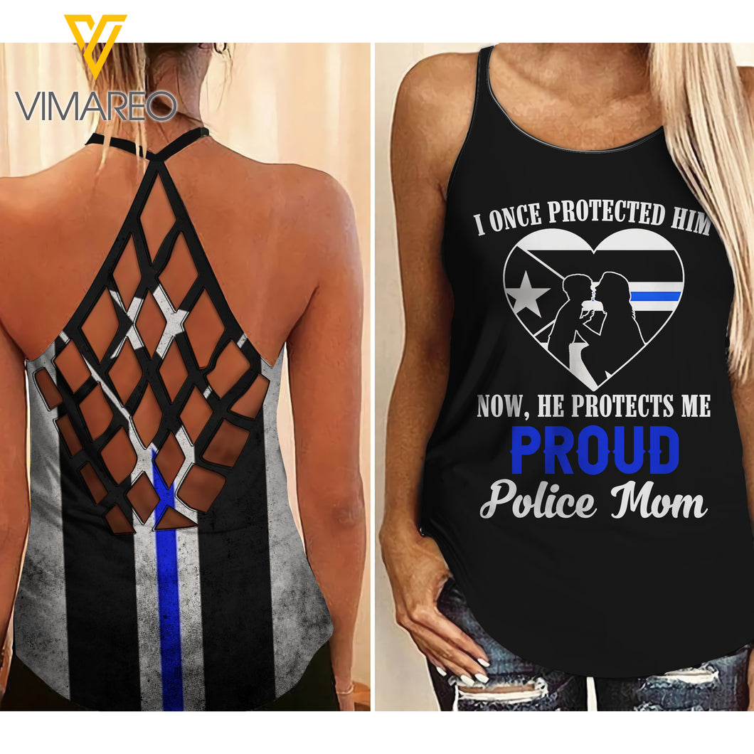 PROUD PUERTO RICO POLICE MOM Criss-Cross Open Back Camisole Tank Top