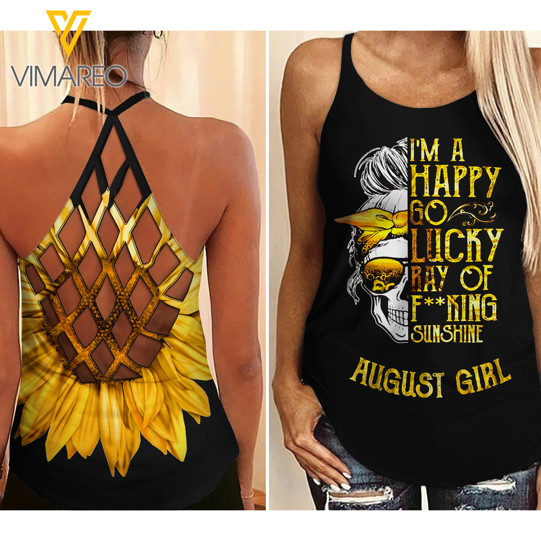 AUGUST GIRL  WITH SUNFLOWER Criss-Cross Open Back Camisole Tank Top YYQQ
