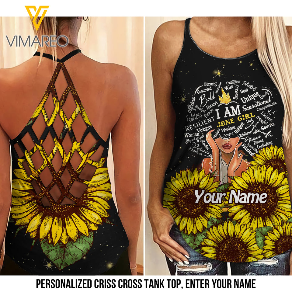 PERSONALIZED JUNE GIRL WITH SUNFLOWER Criss-Cross Open Back Camisole Tank Top
