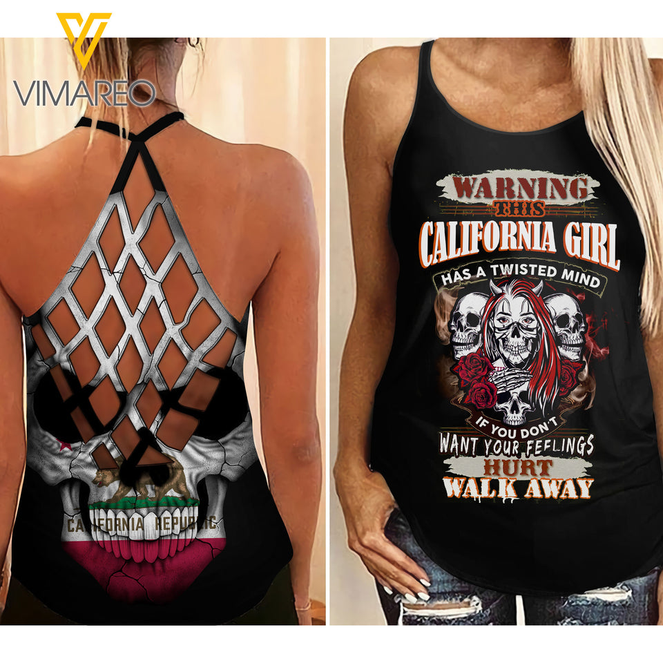 California Girl With Skull Criss-Cross Open Back Camisole Tank Top YYQQ