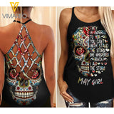 MAY Girl Skull Tattoos Criss-Cross Open Back Camisole Tank Top 1803NGBA
