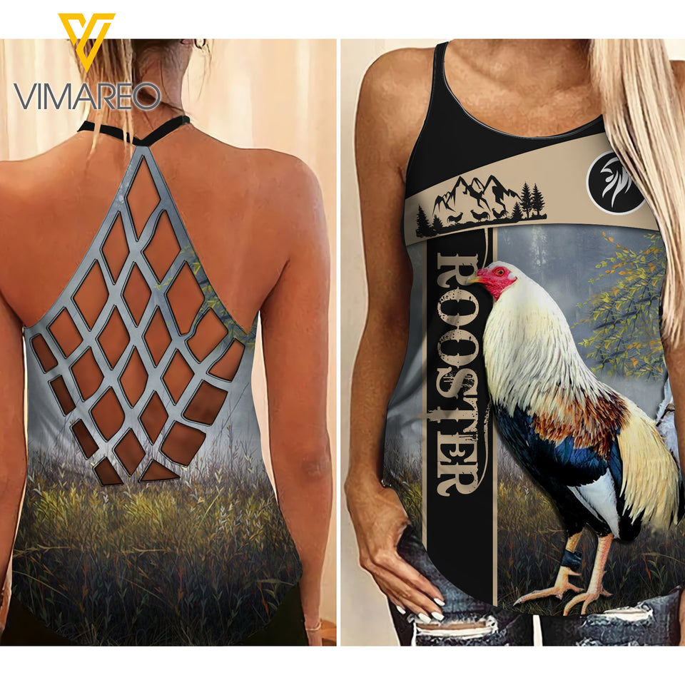 Rooster Art Criss-Cross Open Back Camisole Tank Top