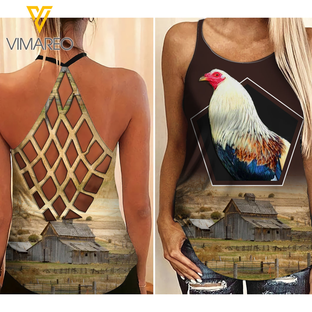 Rooster Hex Criss-Cross Open Back Camisole Tank Top