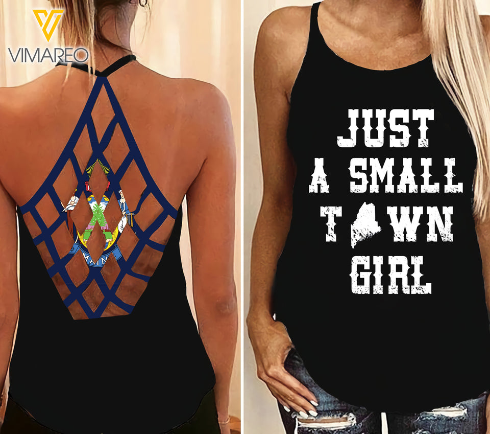 Maine-Just a small town girl  Criss-Cross Open Back Camisole Tank Top