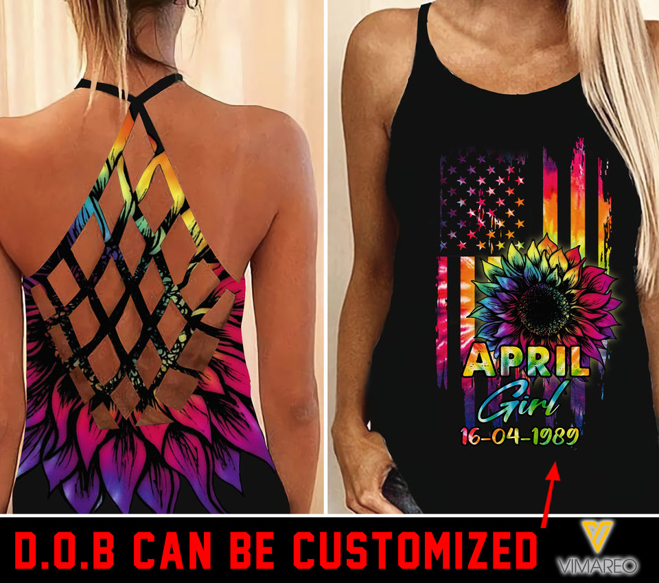 Personalized April Girl Criss-Cross Open Back Camisole Tank Top MAR-MD24